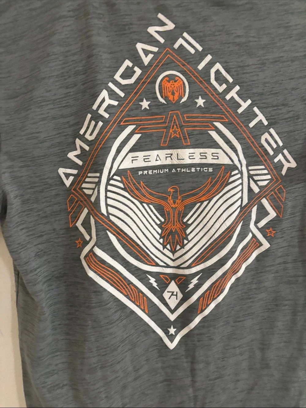 American Fighter Grey Tee with White & Orange Graphic